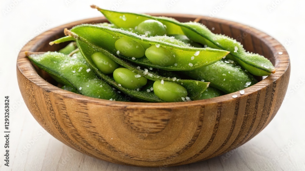 Healthy snack options protein-rich concept. Fresh green edamame pods sprinkled with salt in a wooden bowl on a light background. Healthy snack options protein-rich concept. Fresh green edamame pods sprinkled with salt in a wooden bowl on a light background.