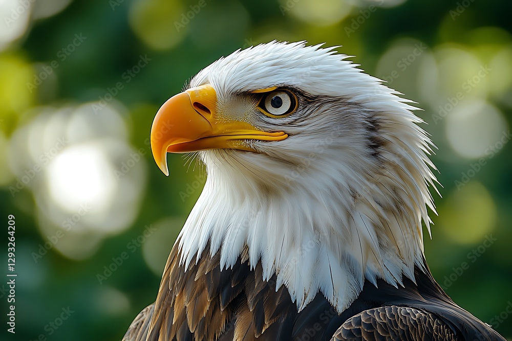 Fototapeta premium Bald eagle portrait, forest bokeh