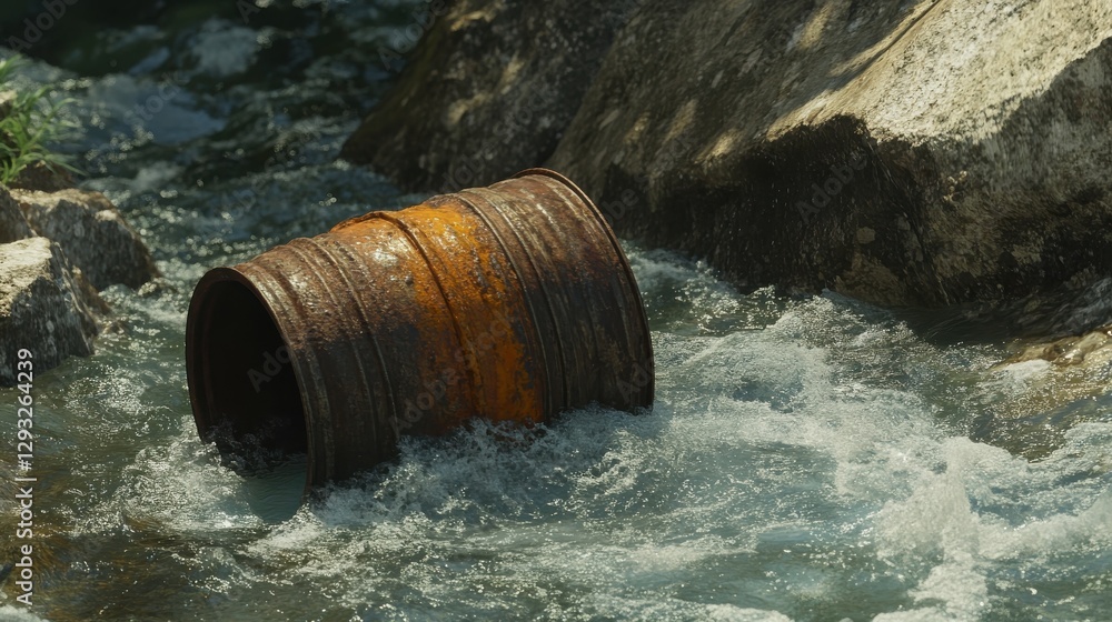 Fototapeta premium Rusty metal barrel submerged in clear water flowing over rocks in a natural environment