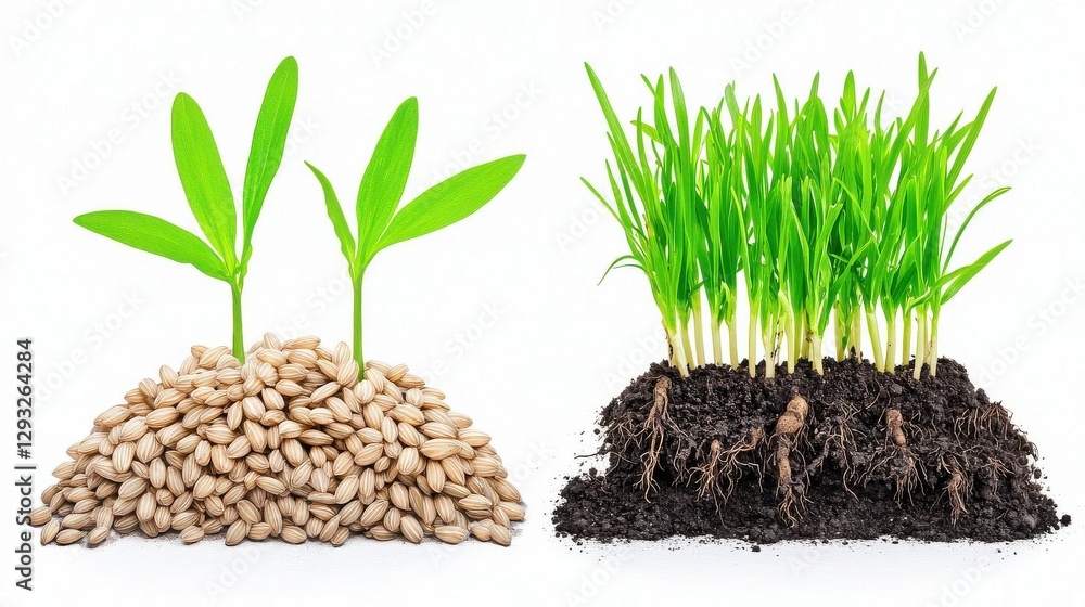 Green seedlings growing from soil and seeds, isolated on white background. Green seedlings growing from soil and seeds, isolated on white background.