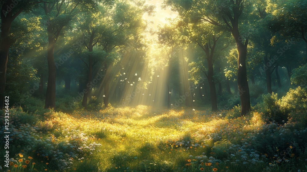 Obraz premium A peaceful forest scene with sunlight filtering through the trees, creating a magical atmosphere on the forest floor