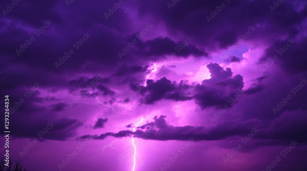 Obraz premium Lightning strikes through purple clouds during an intense thunderstorm