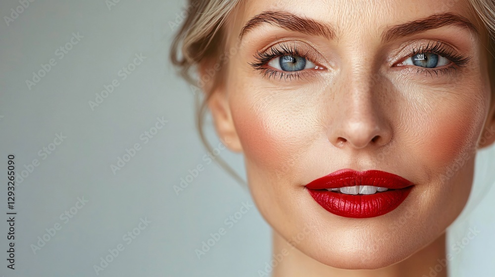 Portrait of a confident mature woman with striking red lips and silver hair, ideal for wellness promotions, menopause awareness, and beauty products. Portrait of a confident mature woman with striking red lips and silver hair, ideal for wellness promotions, menopause awareness, and beauty products.