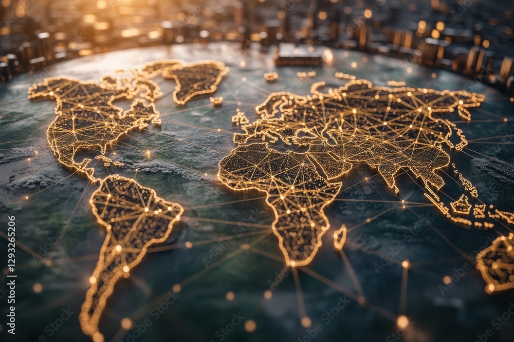Global Financial Network and Digital Connectivity in a Futuristic World, mapping global economy trends, international stock trading platforms