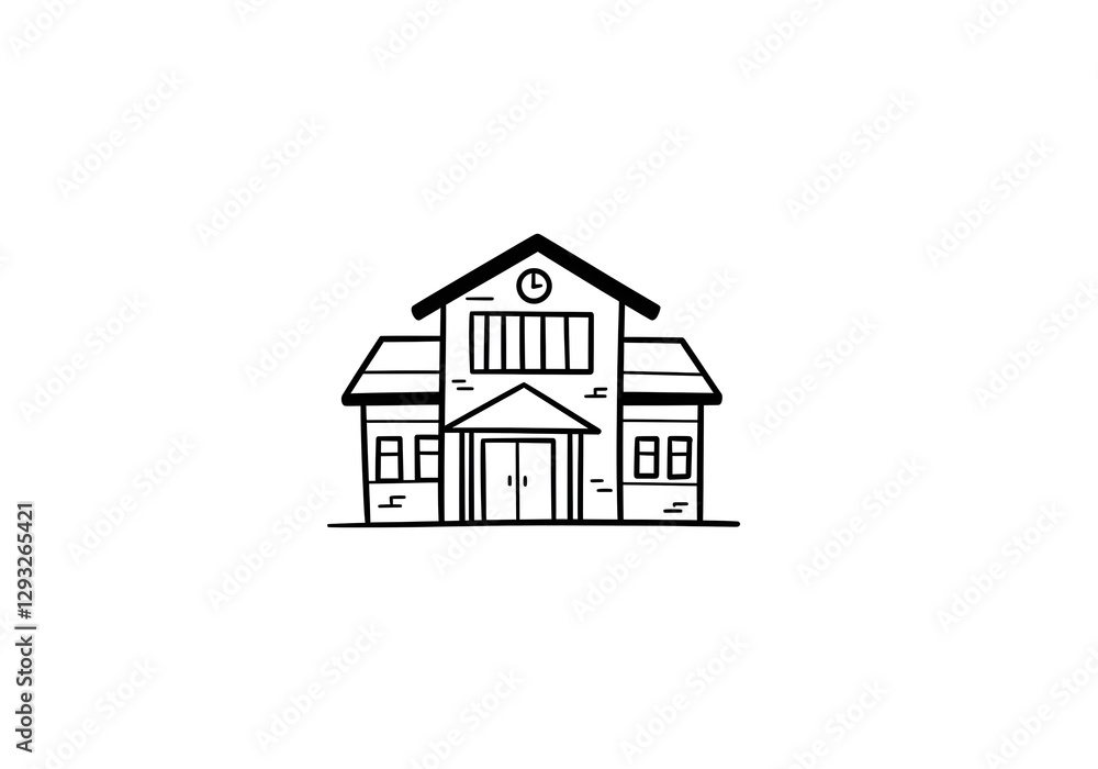 Hand-drawn Building with Clock Line Art on White Background Hand-drawn Building with Clock Line Art on White Background