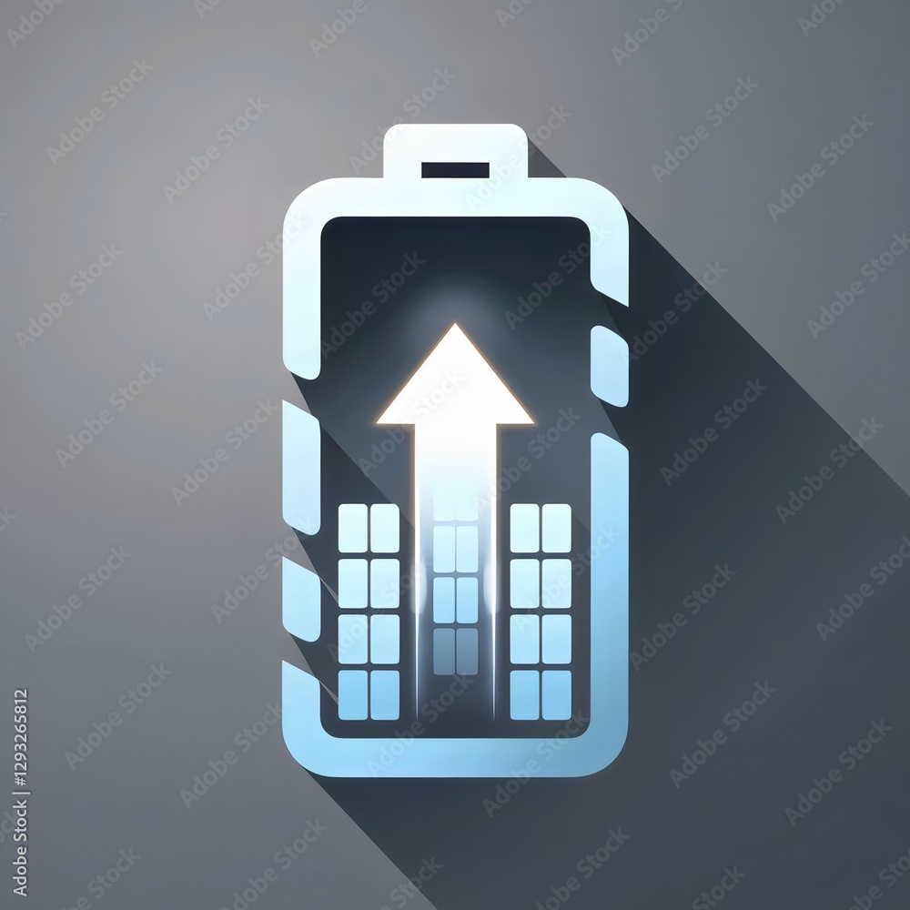 Modern battery icon with glowing upward arrow, symbolizing business productivity and energy efficiency Modern battery icon with glowing upward arrow, symbolizing business productivity and energy efficiency