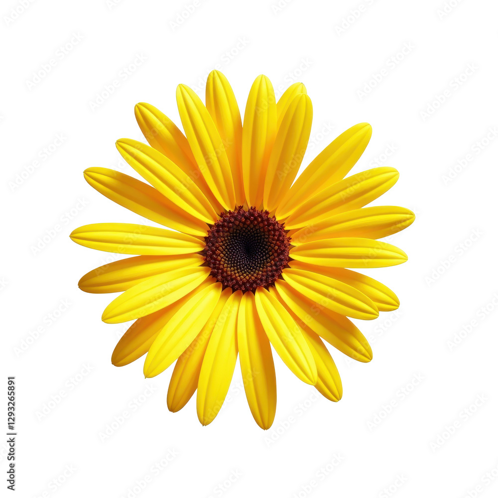 A vibrant yellow daisy flower with a brown center, set against a transparent background. The petals are fully open, showcasing the intricate details of the flower's structure. A vibrant yellow daisy flower with a brown center, set against a transparent background. The petals are fully open, showcasing the intricate details of the flower's structure.
