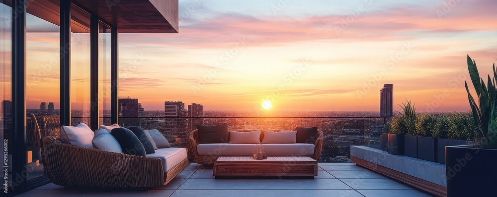 Fototapeta premium Cozy urban condominium rooftop lounge with a breathtaking sunset view over the city skyline.