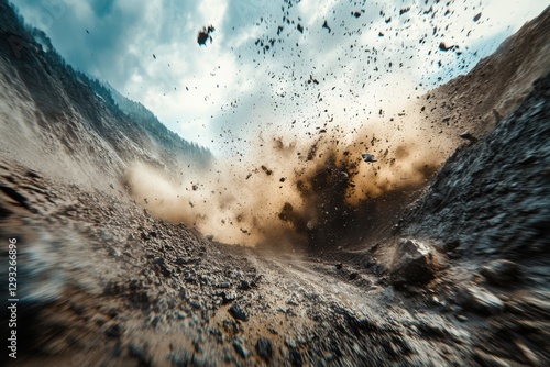 Mudslide in Motion with Debris and Water Flow, catastrophe altering the outdoors, debris and runoff reshaping the slope photo