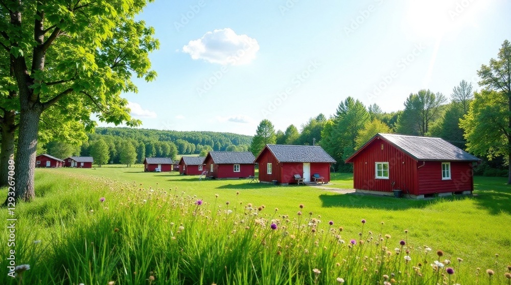 Idyllic Rural Red Cabins Nestled in a Verdant Meadow Under a Sunny Sky Idyllic Rural Red Cabins Nestled in a Verdant Meadow Under a Sunny Sky