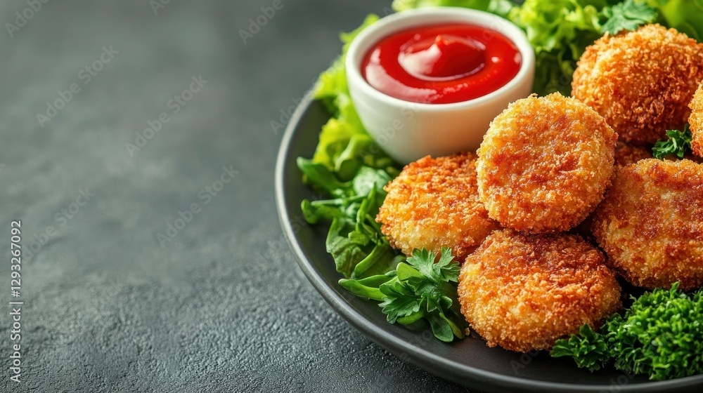 Crispy Chicken Nuggets with Ketchup and Salad Crispy Chicken Nuggets with Ketchup and Salad