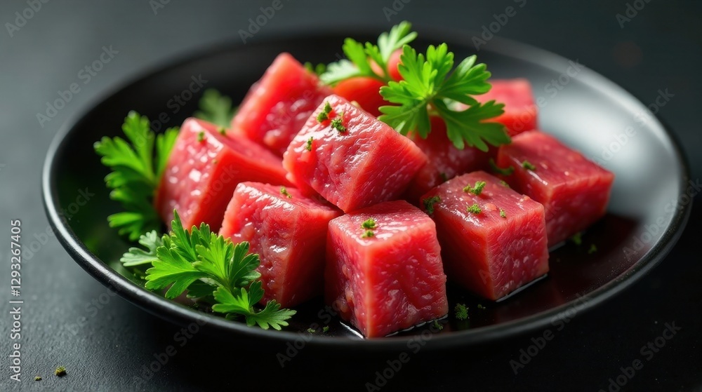 Diced beef cubes seasoned with herbs, presented on a dark plate with fresh garnishes, ready for culinary preparation Diced beef cubes seasoned with herbs, presented on a dark plate with fresh garnishes, ready for culinary preparation