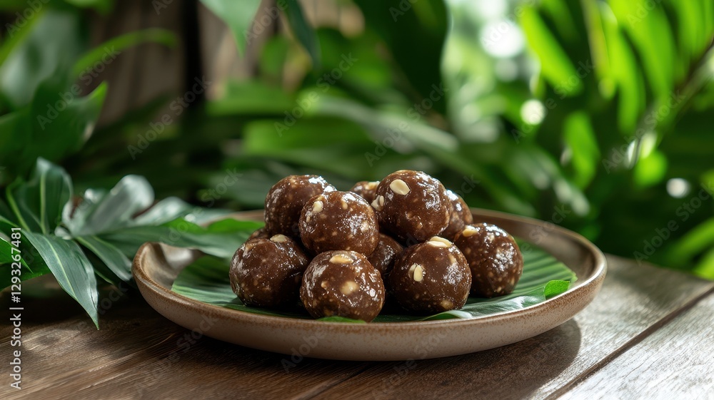 An elegant arrangement of sugar-free dates and nut ladoos on a rustic wooden table, perfect for healthy snacking. An elegant arrangement of sugar-free dates and nut ladoos on a rustic wooden table, perfect for healthy snacking.