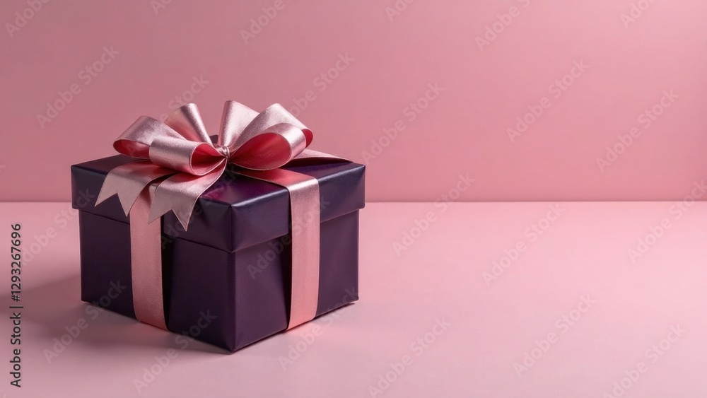 A luxuriously wrapped present, showcasing a deep purple box adorned with a delicate rose gold ribbon, sits elegantly on a soft pink surface, ready for a special occasion. A luxuriously wrapped present, showcasing a deep purple box adorned with a delicate rose gold ribbon, sits elegantly on a soft pink surface, ready for a special occasion.
