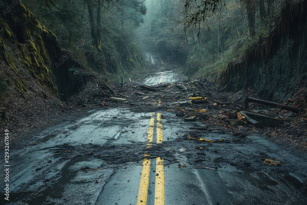 Road Blocked by Landslide Amid Mountain Terrain, obstruction caused by debris and soil movement, disruption of infrastructure and pathway