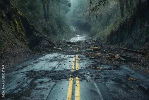Obraz na płótnie Road Blocked by Landslide Amid Mountain Terrain, obstruction caused by debris and soil movement, disruption of infrastructure and pathway w salonie