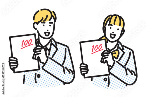 シンプル　イラスト　テストで100点満点を取り喜ぶ学生の男女のセット