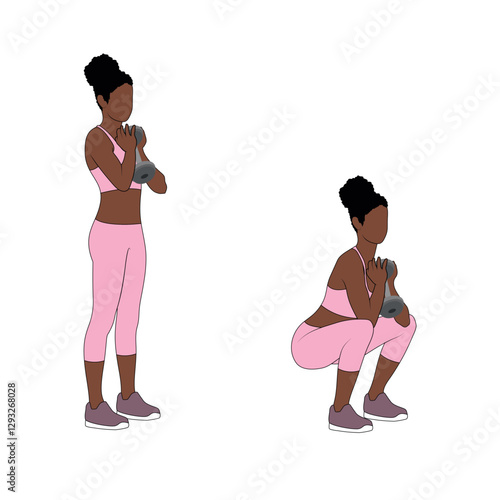 A Black African woman in pink clothing doing goblet squats with dumbbells exercise. Flat vector illustration isolated on white background	