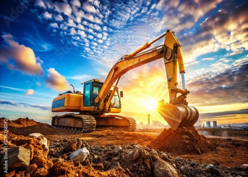 Wallpaper Mural Powerful Excavator Digging Soil at Construction Site - Heavy Machinery at Work Torontodigital.ca