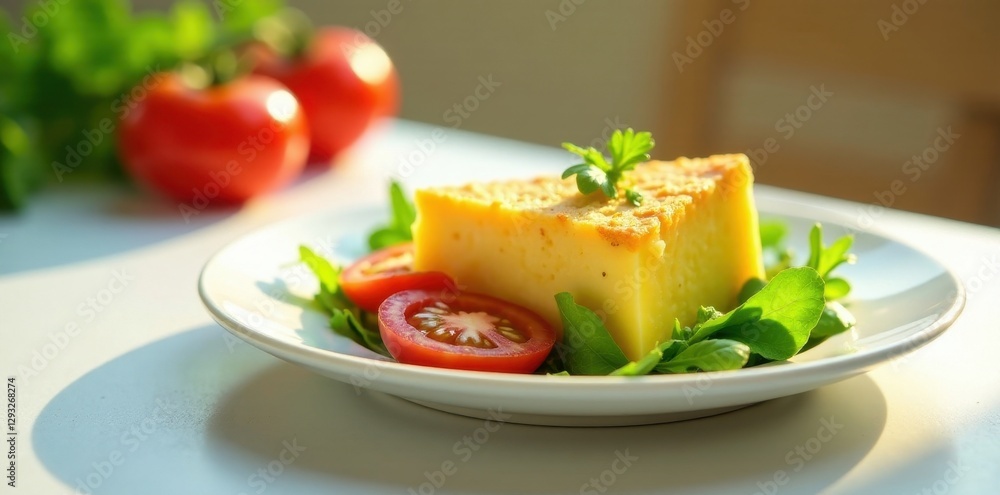 A delectable slice of golden baked custard, garnished with fresh, vibrant greens and juicy tomato slices, served on an elegant white plate, bathed in warm sunlight. A delectable slice of golden baked custard, garnished with fresh, vibrant greens and juicy tomato slices, served on an elegant white plate, bathed in warm sunlight.
