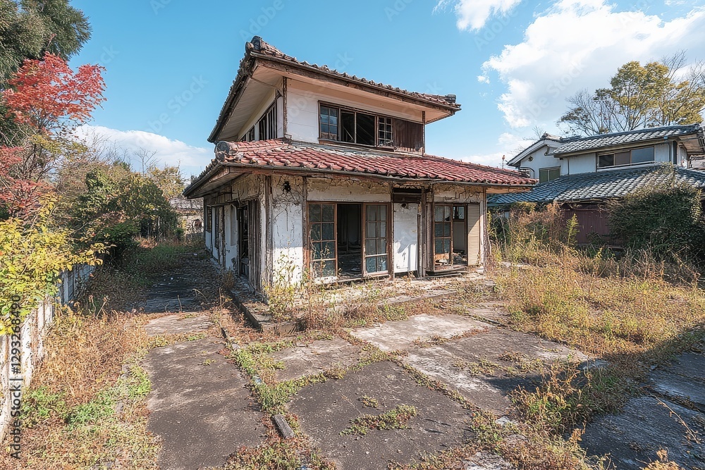 Abandoned Japanese house with wooden windows and white walls, concrete floor on dirt ground, no roof or old tiles on one side, plants growing around, parking lot in front, blue sky. Abandoned Japanese house with wooden windows and white walls, concrete floor on dirt ground, no roof or old tiles on one side, plants growing around, parking lot in front, blue sky.