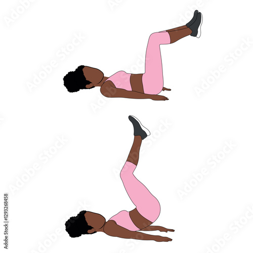 A Black African woman in pink clothing doing 90/90 crunches exercise. Flat vector illustration isolated on white background	