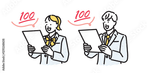 シンプル　イラスト　テストで100点満点を取り喜ぶ学生の男女のセット