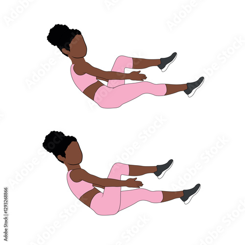 A Black African woman in pink clothing doing clapping crunches exercise. Flat vector illustration isolated on white background	