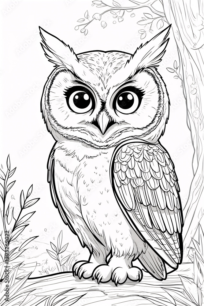 Obraz premium Charming Forest Owl Perched on a Branch Intricate Black Line Art for Kids Book Covers or Coloring Pages Simple Drawing Illustration Design