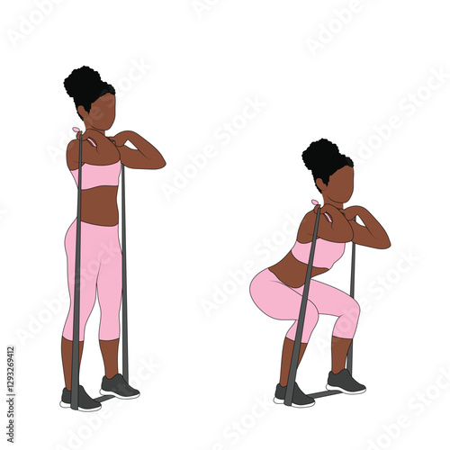 A Black African woman in pink clothing doing squats with resistance band exercise. Flat vector illustration isolated on white background	