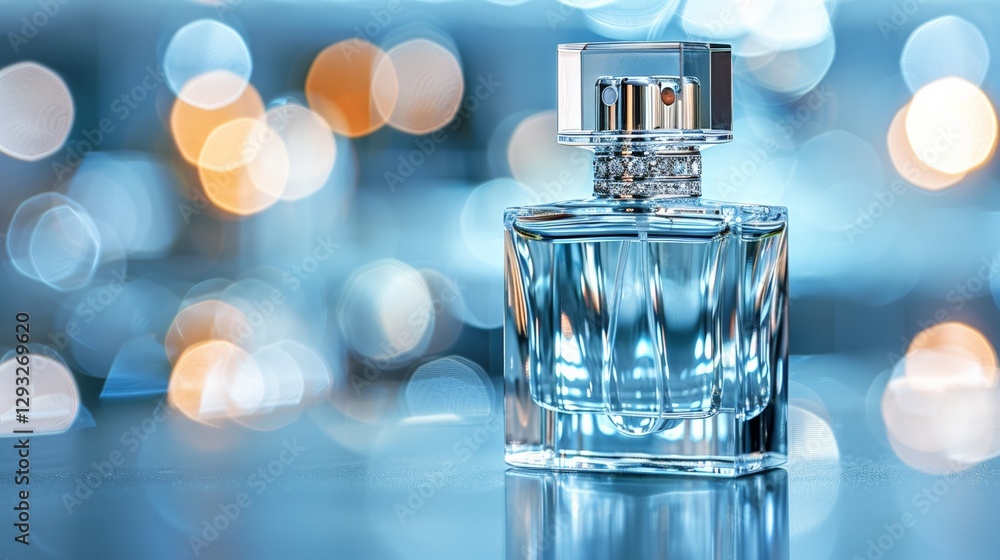 Elegant perfume bottle with glittering cap on blue bokeh background Elegant perfume bottle with glittering cap on blue bokeh background