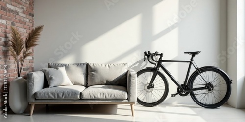 Modern minimalist living room interior design featuring a light grey sofa and a sleek black bicycle, bathed in sunlight against a white wall with a brick accent