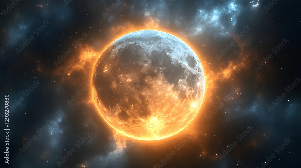 Obraz premium Fiery Moon in Cosmic Nebula