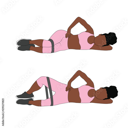 A Black African woman in pink clothing doing clam shells with resistance band exercise. Flat vector illustration isolated on white background	