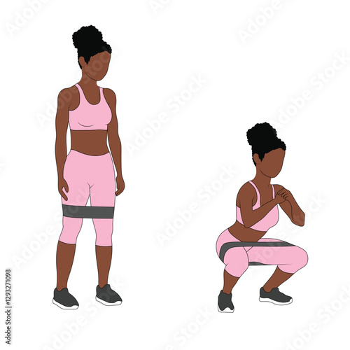 A Black African woman in pink clothing doing squats with resistance band exercise. Flat vector illustration isolated on white background	