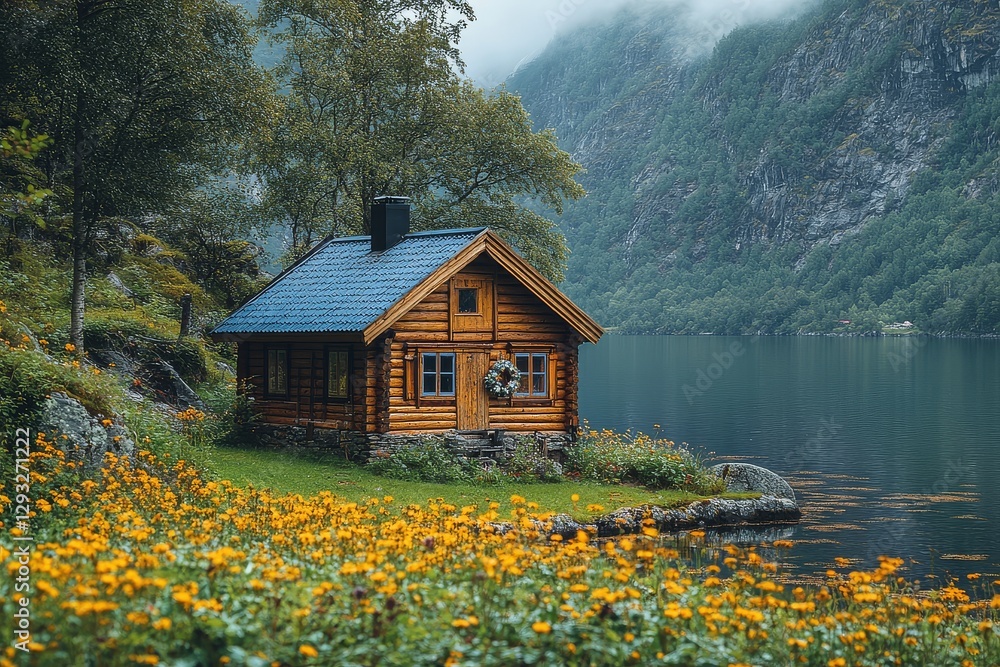 Fototapeta premium Cozy cabin by a lake shore with stunning fjord view in Norway, during golden hour in summer. Blue roof, wooden walls, surrounded by forest and wild flowers.