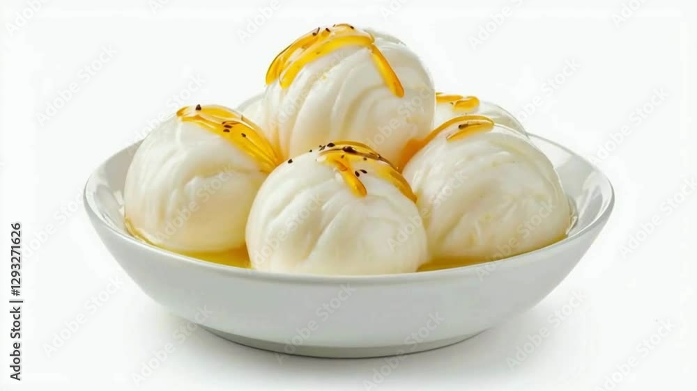 White Dumplings in a Bowl Drizzled with Yellow Sauce and Black Seeds White Dumplings in a Bowl Drizzled with Yellow Sauce and Black Seeds