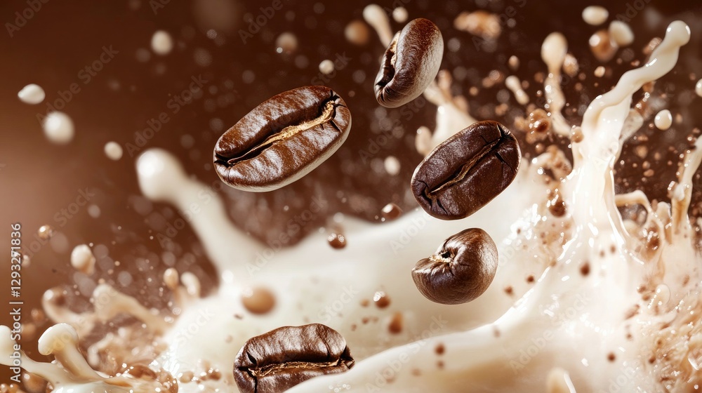 Artistic high-speed capture of roasted coffee beans diving into an explosion of milk and black coffee, creating a mesmerizing splash. Warm brown gradient background adds a rich coffeehouse feel Artistic high-speed capture of roasted coffee beans diving into an explosion of milk and black coffee, creating a mesmerizing splash. Warm brown gradient background adds a rich coffeehouse feel