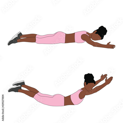 A Black African woman in pink clothing doing bodyweight lying back extensions exercise. Flat vector illustration isolated on white background.