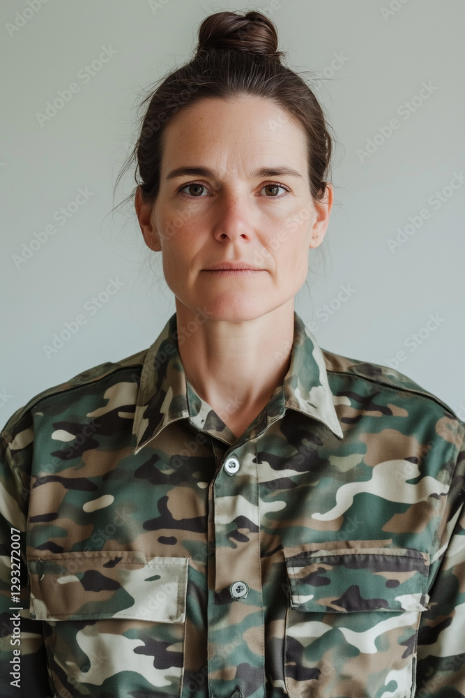 serious woman wearing military camouflage isolated on plain gray studio background serious woman wearing military camouflage isolated on plain gray studio background