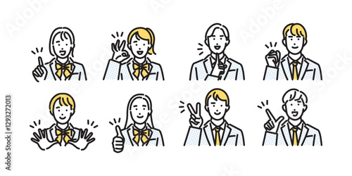 シンプル　イラスト　ポジティブな表情の学生の男女のセット