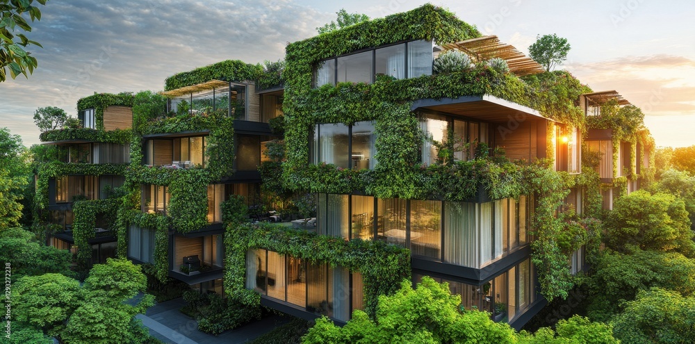 Modern eco-friendly apartment complex surrounded by lush greenery for sustainable urban living. Modern eco-friendly apartment complex surrounded by lush greenery for sustainable urban living.