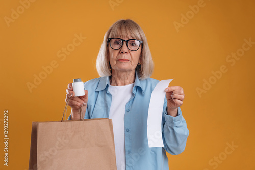 Shopping concept, too expensive, with check. Senior woman is against background