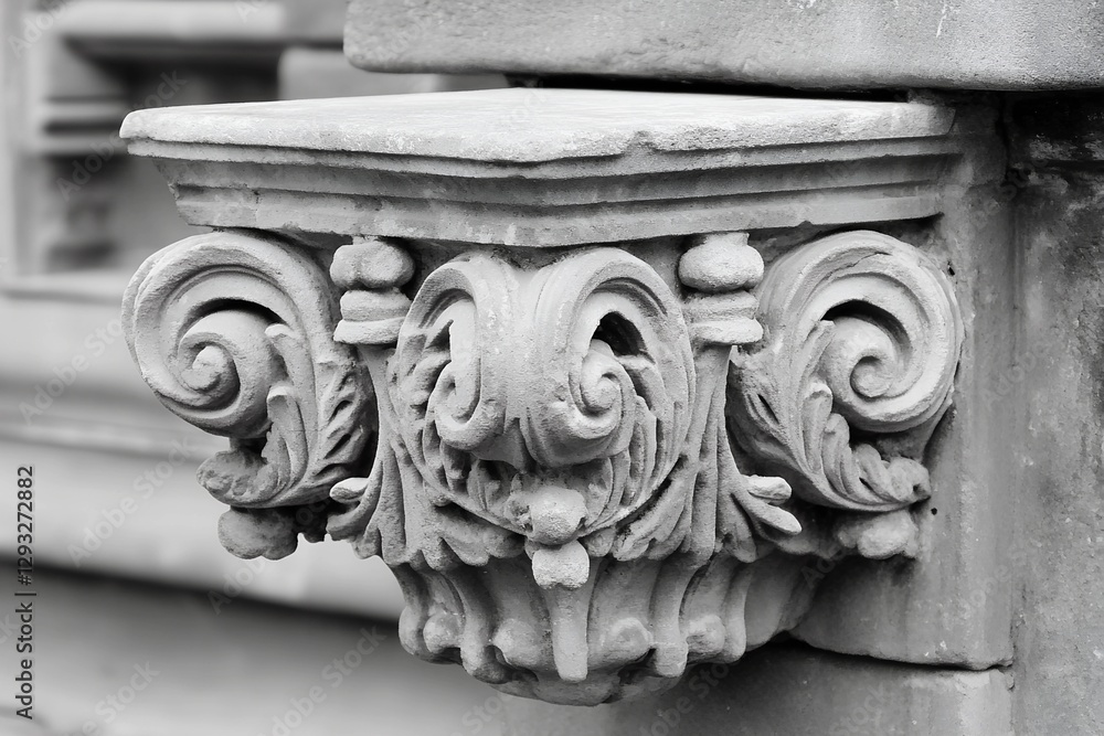 Ornate Architectural Stone Detail of Classic Gray Marquise Building Exterior Ornate Architectural Stone Detail of Classic Gray Marquise Building Exterior