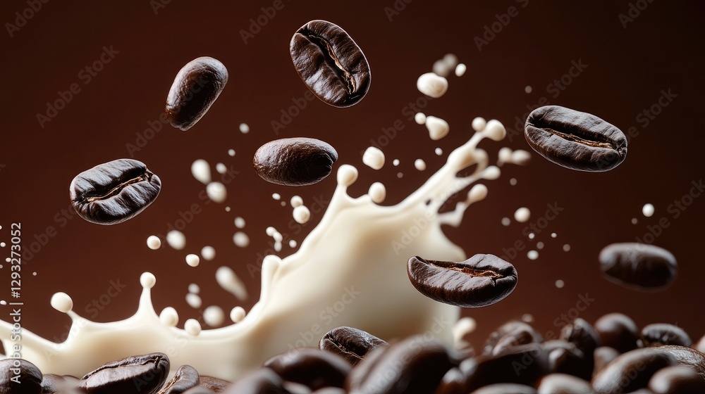 Coffee beans falling gracefully into a mix of splashing milk and dark coffee, creating a rich and inviting composition. The brown gradient background enhances the dynamic motion and texture Coffee beans falling gracefully into a mix of splashing milk and dark coffee, creating a rich and inviting composition. The brown gradient background enhances the dynamic motion and texture