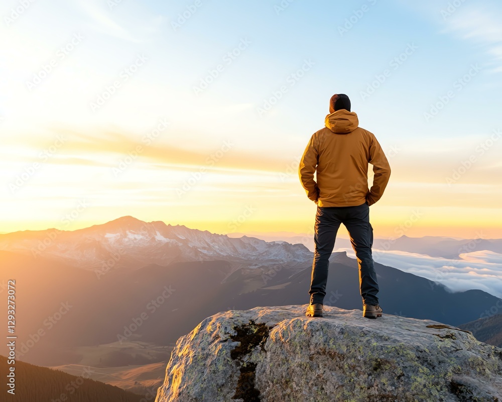 Person embracing stunning mountain sunset view. Person embracing stunning mountain sunset view.