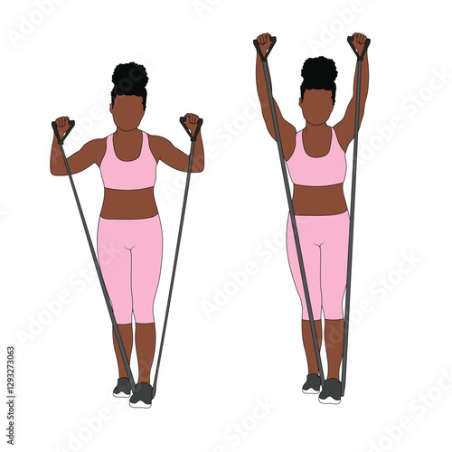A Black African woman in pink clothing doing shoulder press with resistance bands exercise. Flat vector illustration isolated on white background.