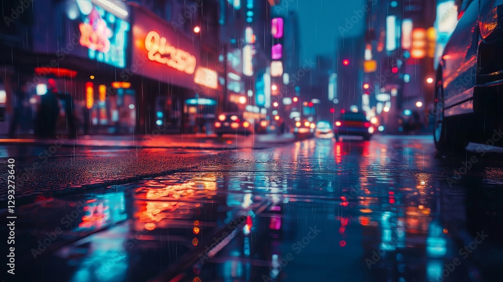 Obraz premium A retro 80s-inspired city with neon lights reflecting on wet streets.