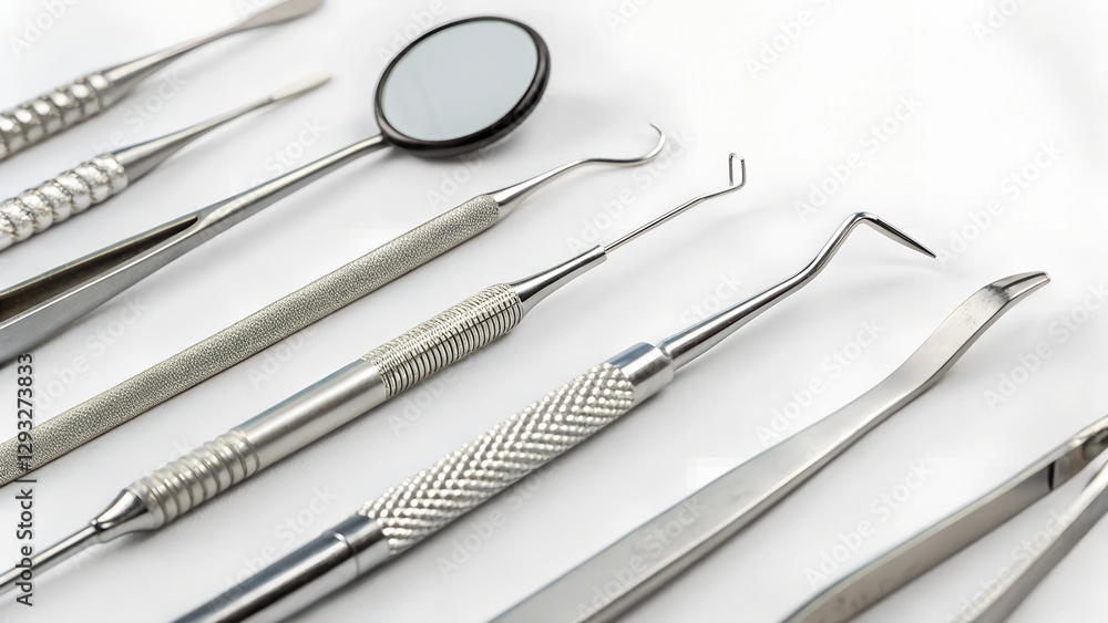 Professional dental instruments on sterile tray with soft, clean light Professional dental instruments on sterile tray with soft, clean light