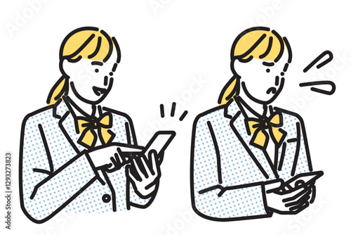シンプル　イラスト　スマートフォンを持つ女子高生のセット